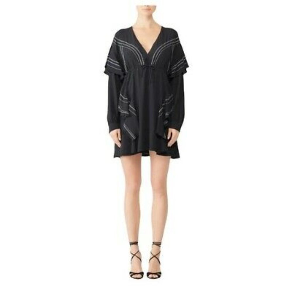 IRO Black Nine Mini Dress S Drawstring Waist Ruffled Empire Topstitching…